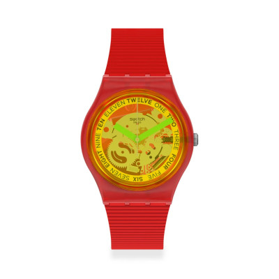 Swatch RETRO-ROSSO GR185 – Αναλογικό Ρολόι Unisex με Διάφανη Κίτρινη Καντράν και Κόκκινο Σχέδιο